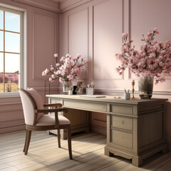 romantic office with a floral desk light pink colore
