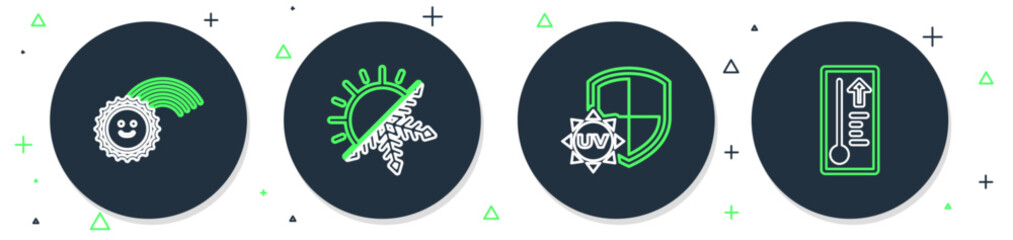 Set line Sun and snowflake, UV protection, Rainbow with sun and Meteorology thermometer icon. Vector