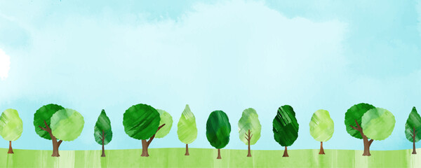 水彩風_青空と新緑の並木道の背景イラスト
