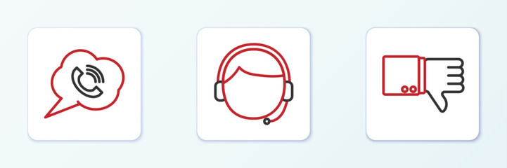 Set line Dislike, Speech bubble with phone call and Man headset icon. Vector