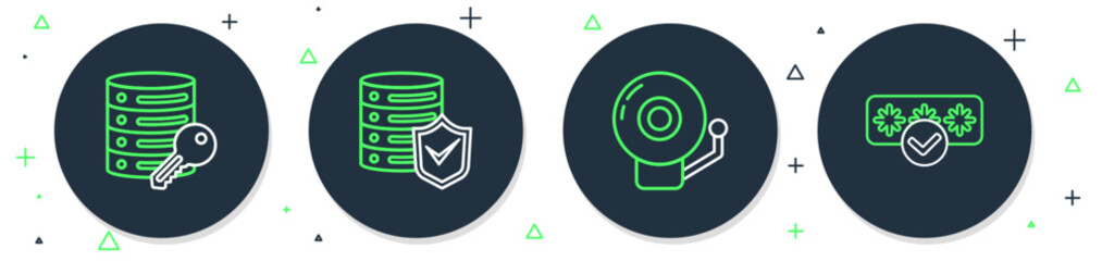 Set line Server with shield, Ringing alarm bell, security key and Password protection icon. Vector