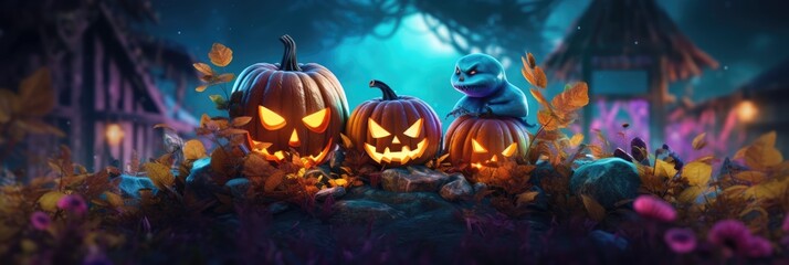 Naklejka premium Pumpkin orange glows angry face. Pumpkin glows in the night for Halloween. Horizontal banner, web poster, website header. generative ai