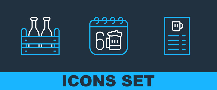 Set line Beer menu, Pack of beer bottles and Saint Patricks day calendar icon. Vector