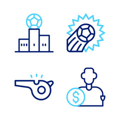Set line Buy football player, Whistle, Soccer and Award over sports winner podium icon. Vector