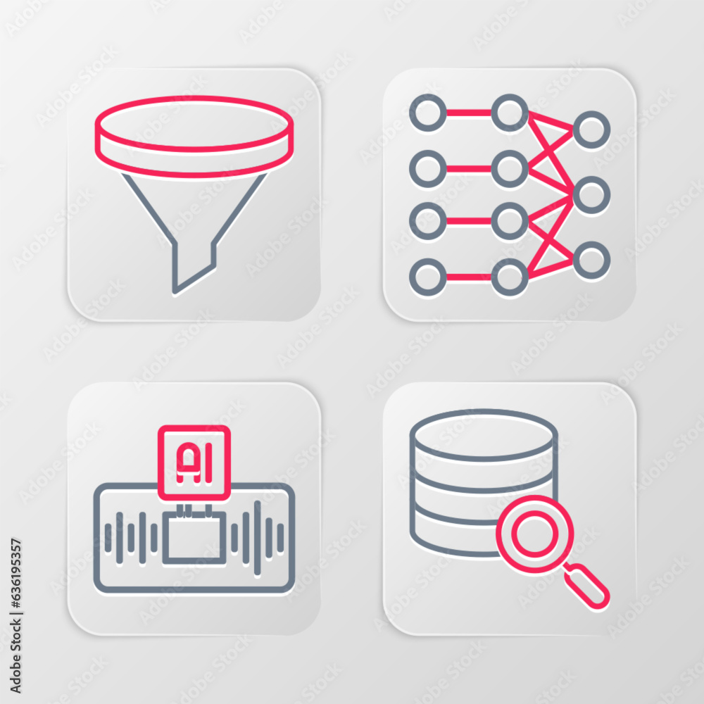 Poster set line server, artificial intelligence ai, neural network and funnel filter icon. vector