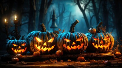 Obraz premium Pumpkin orange glows angry face. Pumpkin glows in the night for Halloween. generative ai