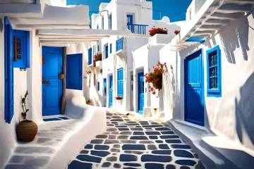 Tuinposter Mykonos, Greece - Traditional whitewashed street of Mykonos town with blue windows and doors on a sunny summer morning. Empty alleyway at sunrise   3d rendering © Ahtesham