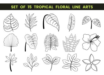 Set of 15 tropical floral line arts. Design element with tropical and floral theme.