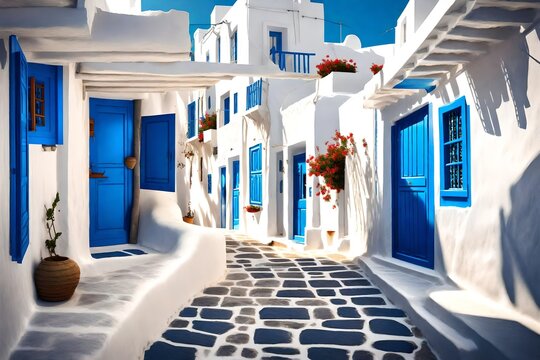 Fototapeta Mykonos, Greece - Traditional whitewashed street of Mykonos town with blue windows and doors on a sunny summer morning. Empty alleyway at sunrise   3d rendering