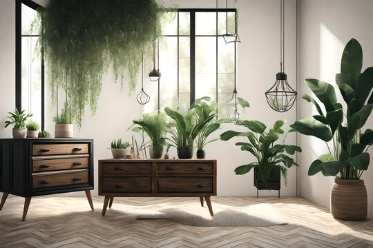 Houseplants in different designed flowerpots on a cabinet   3d rendering  