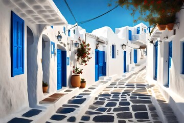 Mykonos, Greece - Traditional whitewashed street of Mykonos town with blue windows and doors on a sunny summer morning. Empty alleyway at sunrise   3d rendering