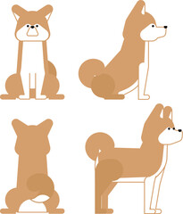 グラフィカルでシンプルな犬の4ポーズのセット（秋田犬）