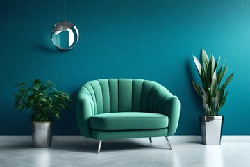 Green armchair against blue wall with silver painting in living room interior with plants 3d rendering