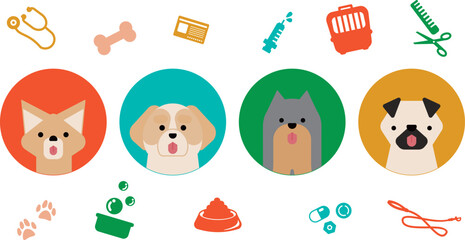 グラフィカルでシンプルな犬のアイコンのセット（チワワ,シーズー,ヨークシャーテリア,パグ）