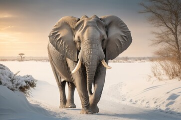 Fototapeta na wymiar African Elephant Gracefully Walking in the Snow. Generative AI.