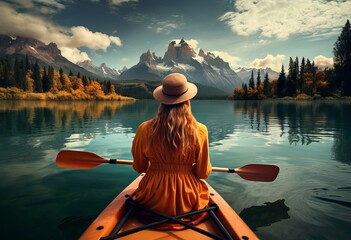 woman canoeing on a lake surrounded by mountains - obrazy, fototapety, plakaty