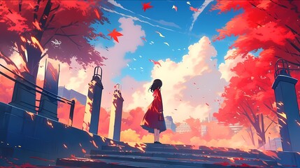 紅葉と女性のイラスト、赤い落ち葉が風に舞う中、秋空を見る女子
