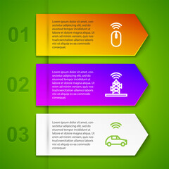 Set line Wireless mouse, antenna, Smart car system with wireless and photo camera. Business infographic template. Vector