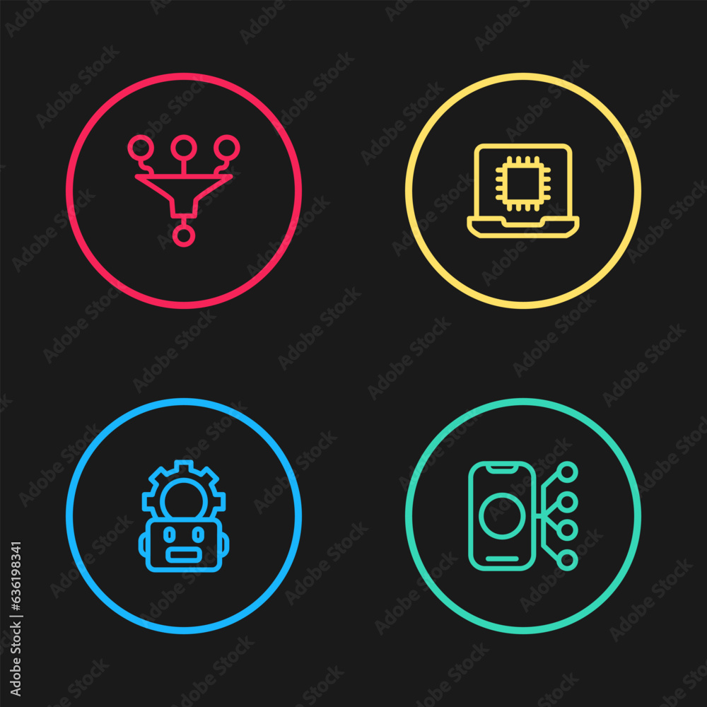 Poster set line robot setting, neural network, processor cpu and funnel filter icon. vector