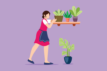 Graphic flat design drawing woman gardener with rack flowers. Female in garden growing plants. Gardening planting flowers in garden. Farmer girl takes care of plant. Cartoon style vector illustration