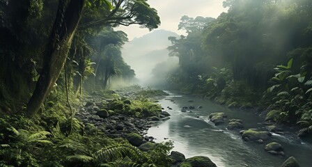 Naklejka na ściany i meble Rainforest Landscape With Trees And Fog
