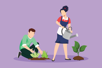 Cartoon flat style draw man woman gardening plants. People growing plant, greens on soil, gathering harvest. Husband kneeling, wife with water can planting flowers. Graphic design vector illustration