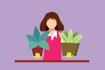 Cartoon flat style drawing young beautiful woman holding different houseplants in pots. Cute female character taking care of houseplants. Potted plants in the house. Graphic design vector illustration