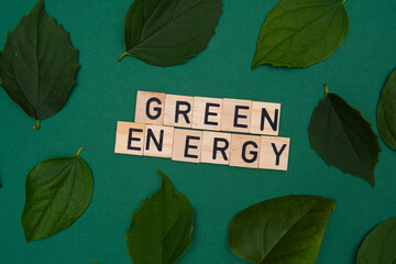 Flat Lay photo with the inscription Green energy. Use of sustainable and renewable energy sources. Taking care of the environment