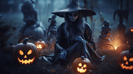 Jack O' Lantern and Witch in Spooky Woodland Churchyard. Halloween background. Generative AI.