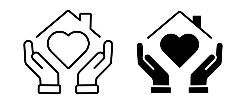 Hands holding house with heart vector icon set. Real estate business symbol