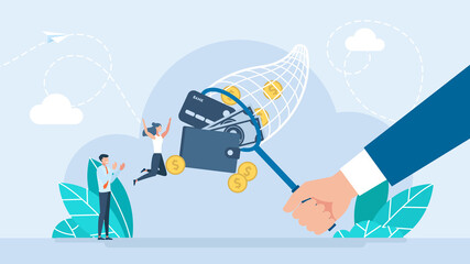 	
Butterfly net with money, wallet, credit card, golden coins. Catch, hunt, chase money symbol. Achieve goals, financial success, and business income of the company concept. Flat illustration