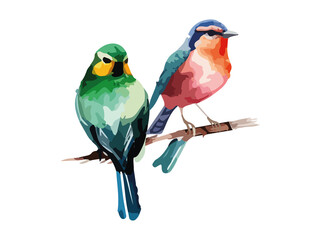 Fototapeta premium Watercolor bird and sparrow vector illustration Realistic hand drawn Painting, On branches decorated by leaves and flowers, White isolated background.