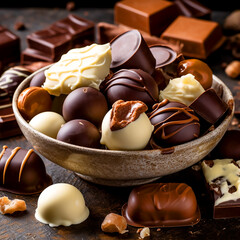 Various chocolates in the  plate on the table
