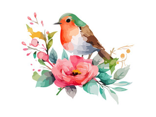 Fototapeta premium Watercolor bird and sparrow vector illustration Realistic hand drawn Painting, On branches decorated by leaves and flowers, White isolated background. 