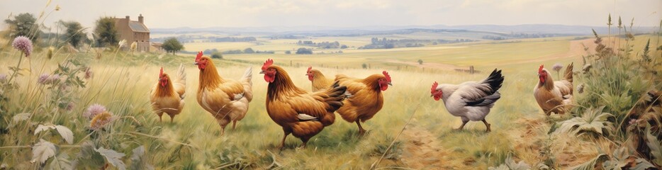 farm photo of chicken walking on the grass - obrazy, fototapety, plakaty