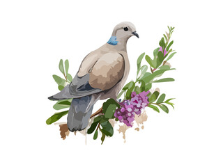 Cute dove colorful watercolor, decorated by flowers and leaves glowing path, doodle and realistic, vector illustration.
