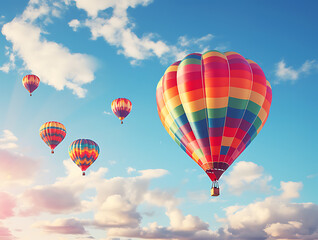 Five colorful hot air balloons over a beautiful cloudy landscape