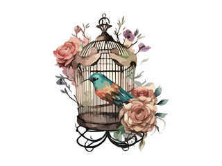 Flowered bird cage watercolor vector illustration, white background