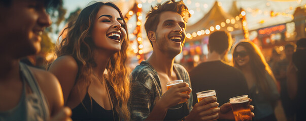 Group of young people cheering and drinking beer at an outside party. Happy young friends enjoying happy hour at the party.  - obrazy, fototapety, plakaty