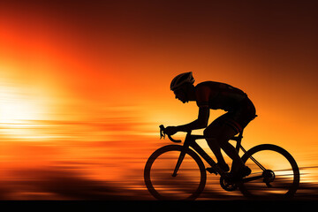 Cyclist's silhouette captured in full acceleration against a radiant sunset, enhanced by dramatic speed lines conveying rapid movement