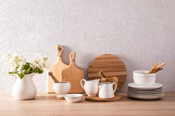 Stylish modern kitchen background with various kitchen utensils made from natural materials. ecologically clean kitchen. wooden countertop.