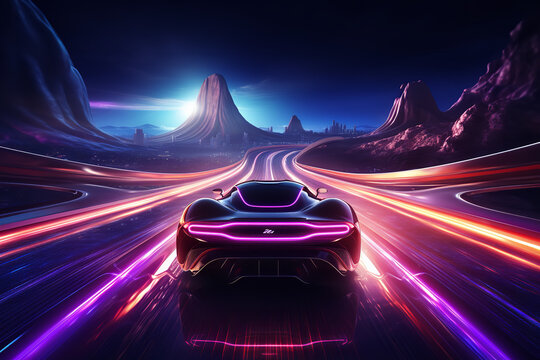 A glimpse into the future with a hover car swiftly accelerating over a brightly illuminated neon track, merging technology and speed