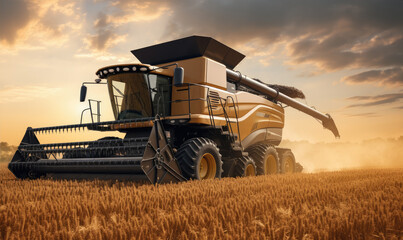 combine harvester harvests in the wheat field - obrazy, fototapety, plakaty