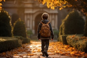 A young boy walking back to school from behind, Generative Ai