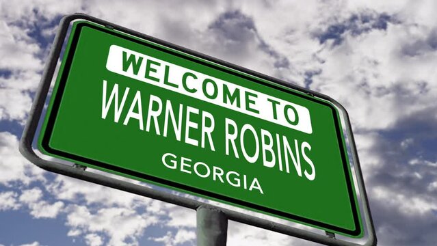 Welcome to Warner Robins, Georgia. USA City Road Sign Close Up, Realistic 3d Animation