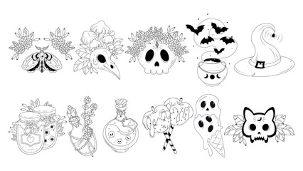 Halloween background, Halloween theme, Halloween doodles, set of Halloween elements, ghost, mummy, skull, zombie, set for halloween, silhouette of a spider, cobweb, halloween pumpkin, set of stickers