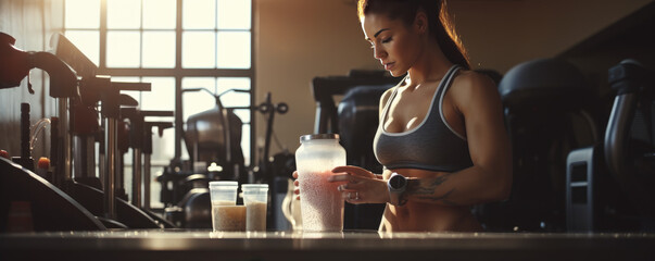Healthy young woman is preparing protein shake after training in the gym. Fitness and healthy lifestyle.