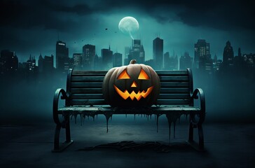 halloween pumpkin on wood table at night