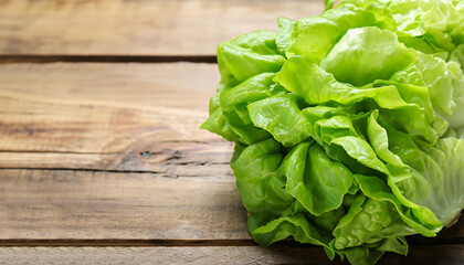 Fresh green butter lettuce on wooden table, closeup