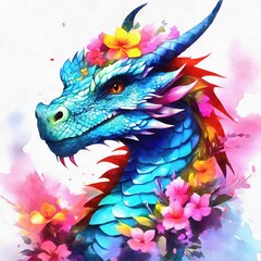 Dragon with flowers AI watercolor